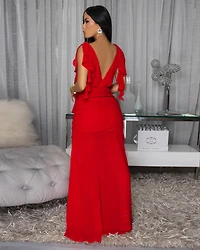 Abiankah Red Ruffle Slit Maxi Dress