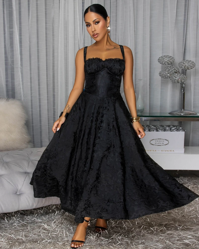 Abigale Black Floral Imprint Midi Dress