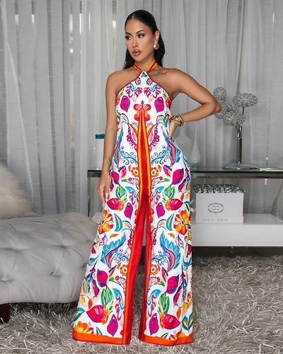 Hali Off-White Red Orange Floral Halter Jumpsuit
