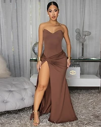 Beverly Mocha Strapless Leg Slit Maxi Dress