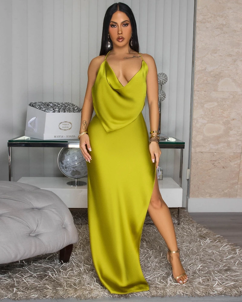 Mademoiselle Moss Green Draped Halter Maxi Dress