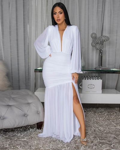 Brandi White Hi-Low Mesh Maxi Dress