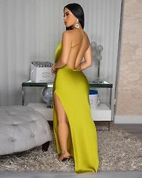 Mademoiselle Moss Green Draped Halter Maxi Dress