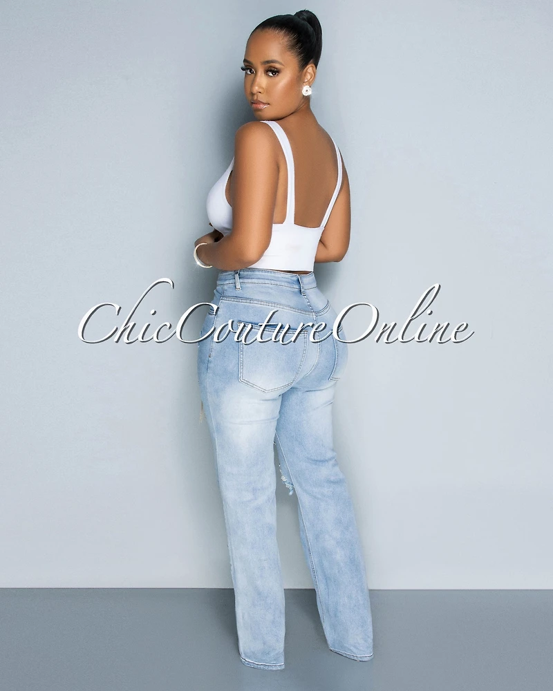 *Nadine Light Denim Rhinestones Fringe Accent Jeans