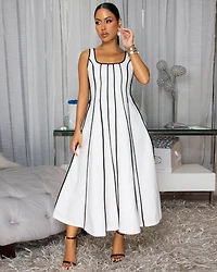 Samantha White Black Stripes Linen Midi Dress