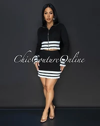 Dakota Black White Stripes Accent Top & Skirt Set
