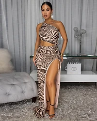 Iyana  Peach Black Cut-Out Mesh Maxi Dress