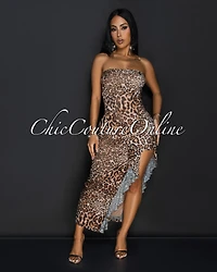 Boba Leopard Mesh Strapless Midi Dress