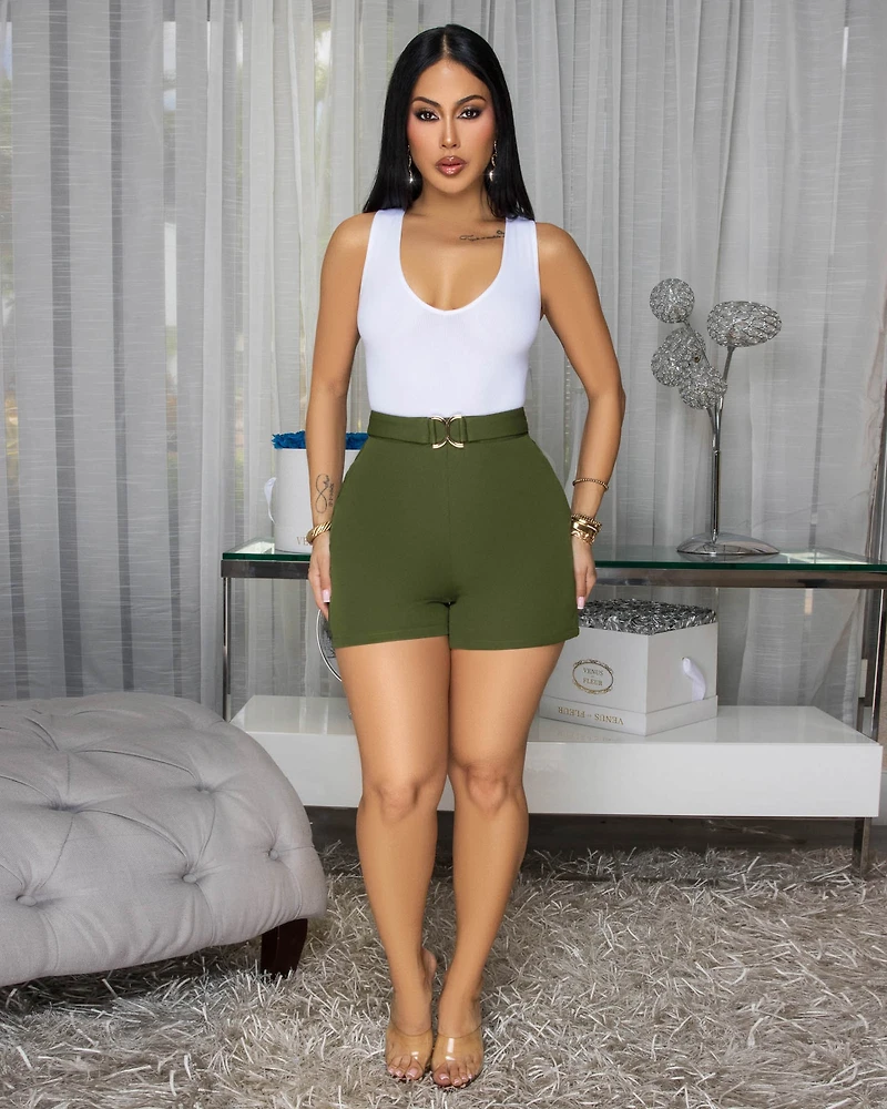 Tavira Olive Green Gold Buckle Shorts