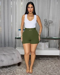 Tavira Olive Green Gold Buckle Shorts