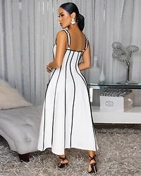 Samantha White Black Stripes Linen Midi Dress