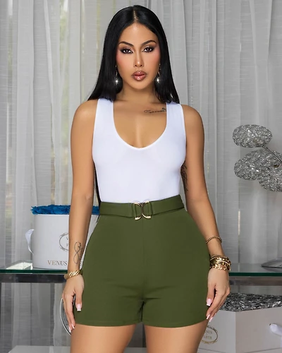 Tavira Olive Green Gold Buckle Shorts