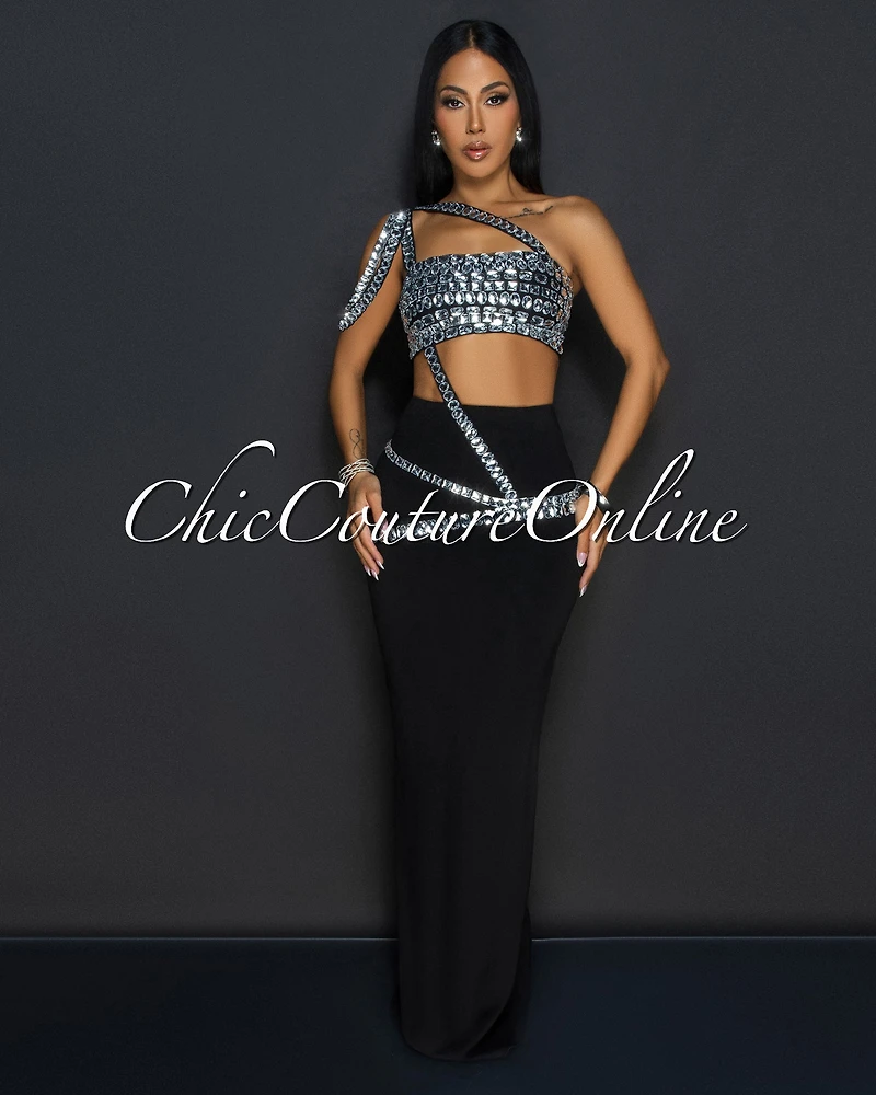 Orzola Black Rhinestones Crop Top & Maxi Skirt Set