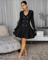 Keri Black Gold Buttons Bandage Skater Dress
