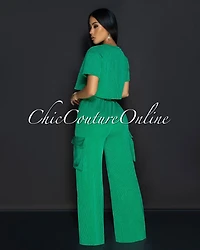 Myna Kelly-Green Ribbed Crop Top & Cargo Pants Set