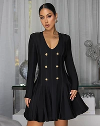 Keri Black Gold Buttons Bandage Skater Dress