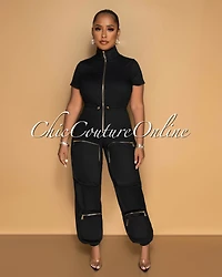 Morcan Black Cargo Pockets Jogger Jumpsuit