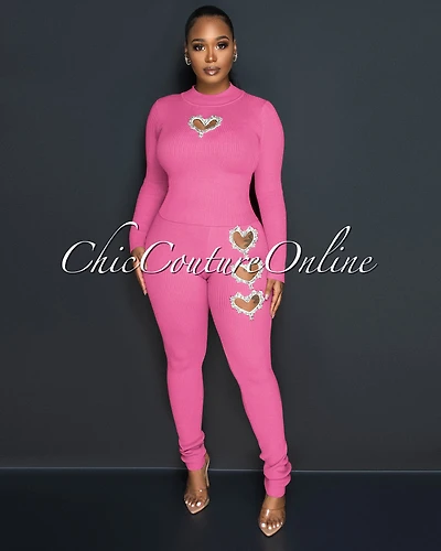 Crystal Pink Rhinestone Hearts Knit Set