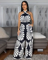 Holland Black Cream Print Halter Jumpsuit