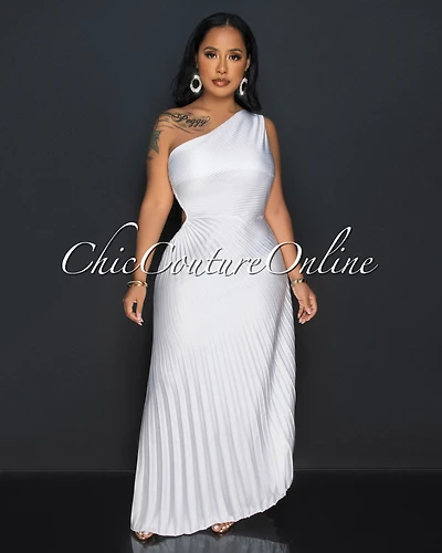 *Genevieve Off-White Pleated Single Shoulder Silky Maxi Dress