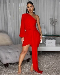 Norah Red Single Shoulder Mesh Dress