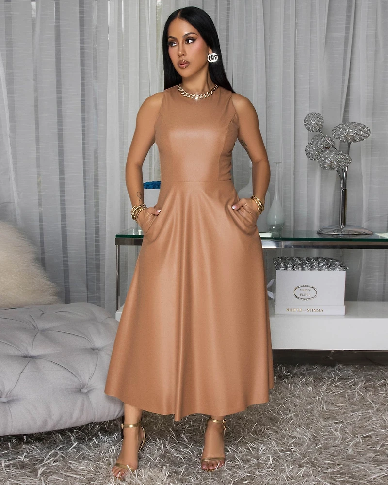 Rhoe Camel Faux Leather Midi Dress