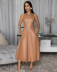Rhoe Camel Faux Leather Midi Dress