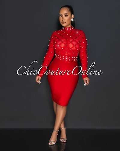 Louis Red Rhinestones Mesh Lattice Bandage Dress