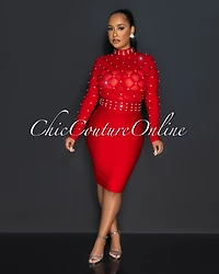 Louis Red Rhinestones Mesh Lattice Bandage Dress