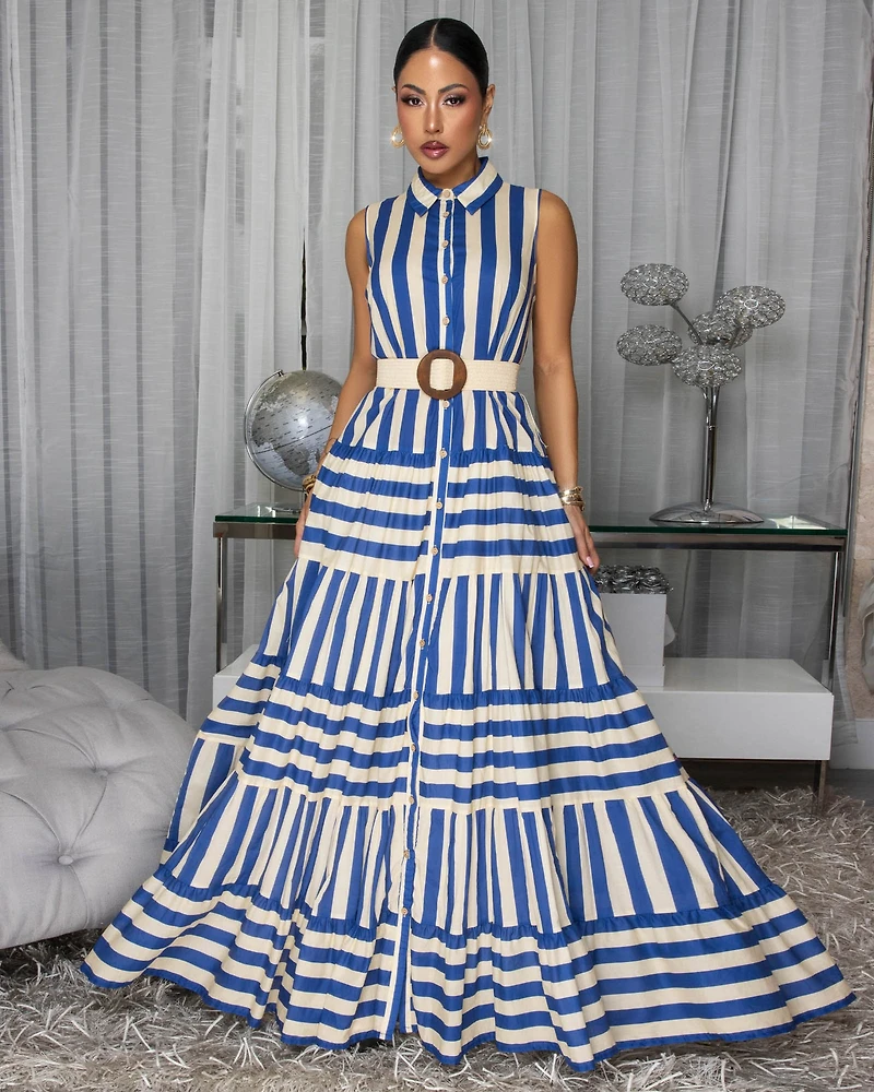 Staude Royal-Blue Beige Stripe Belted Maxi Dress (SHIPS 4/2)
