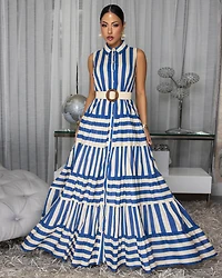 Staude Royal-Blue Beige Stripe Belted Maxi Dress (SHIPS 4/2)