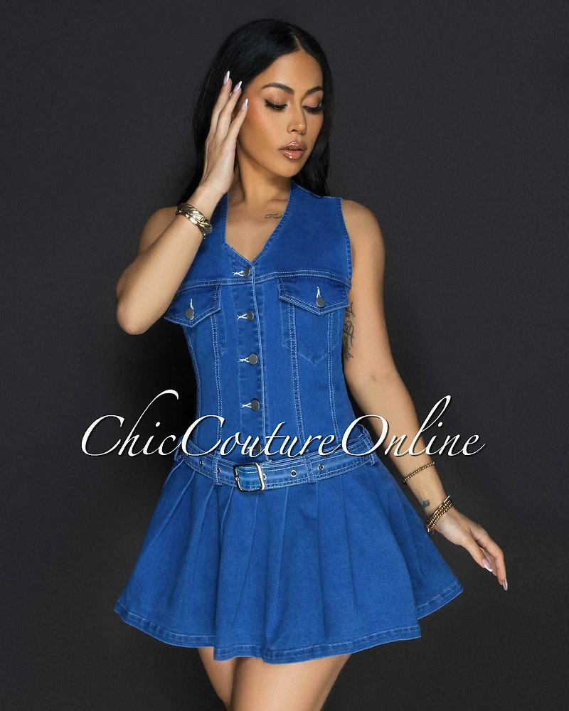 *Ramia Blue Denim Belted Pleated Dress