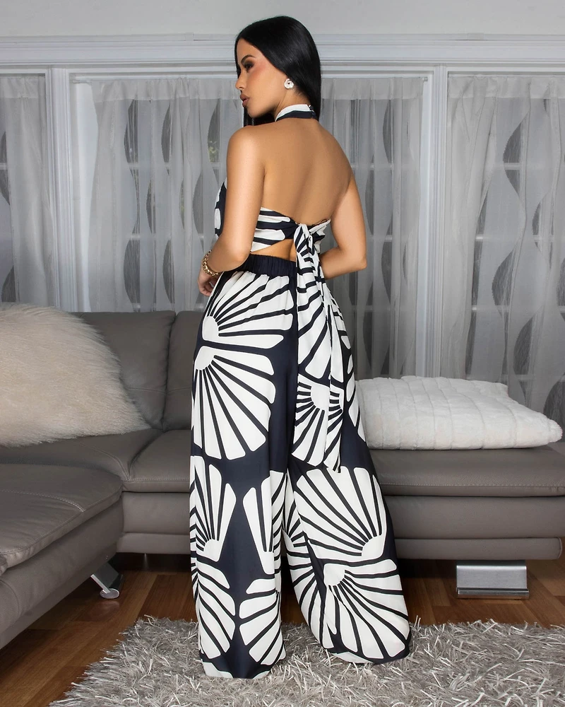 Holland Black Cream Print Halter Jumpsuit