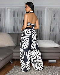 Holland Black Cream Print Halter Jumpsuit