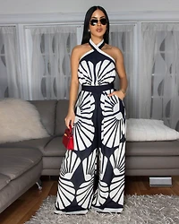 Holland Black Cream Print Halter Jumpsuit