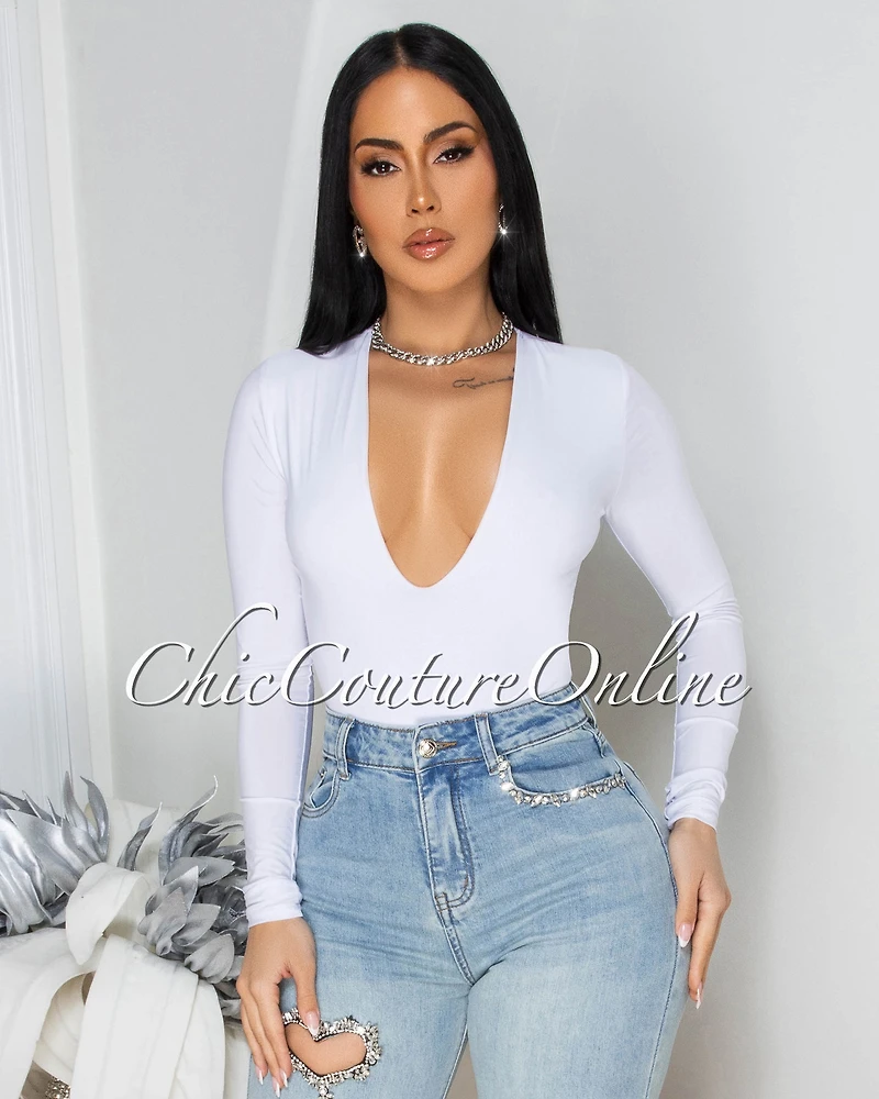 *Nilam White Depp V Neck Long Sleeves Bodysuit