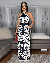 Holland Black Cream Print Halter Jumpsuit