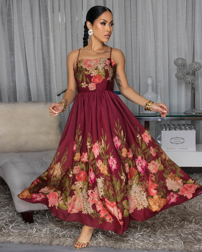 Morella Burgundy Floral Print Maxi Dress