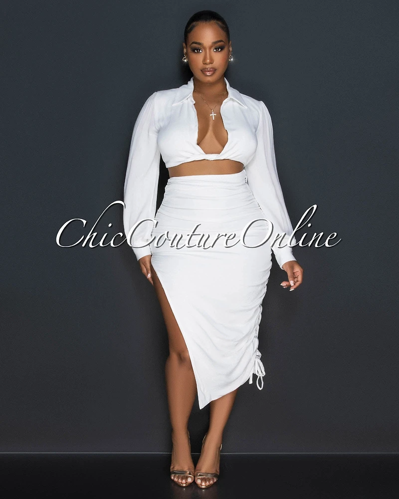 *Hanson Off-White Crop Top & Ruched Midi Skirt Set