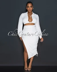 *Hanson Off-White Crop Top & Ruched Midi Skirt Set