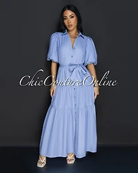 Locina Blue Stripes Ruffle Maxi Dress