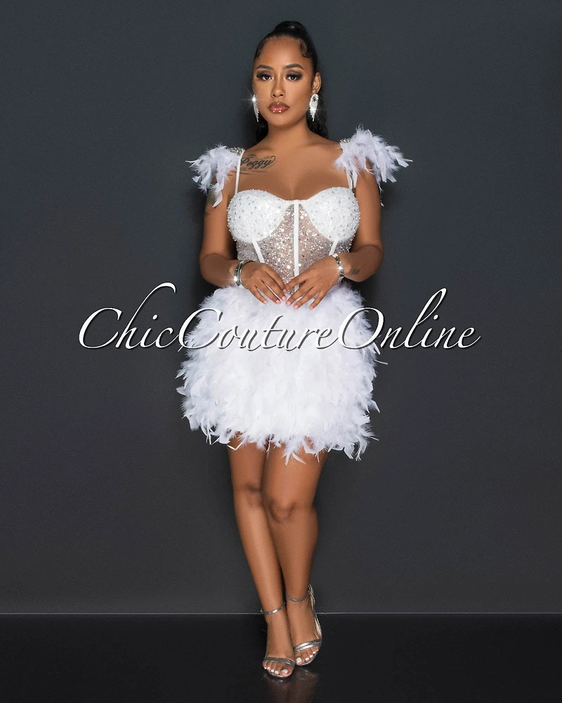 *Sabel White Sequins Feathers & Rhinestones Dress