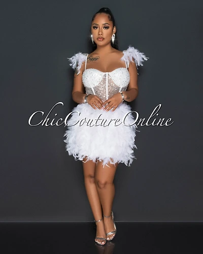 *Sabel White Sequins Feathers & Rhinestones Dress