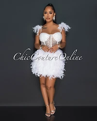 *Sabel White Sequins Feathers & Rhinestones Dress