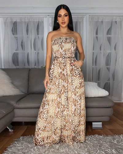 Isabeau Brown Multi-Color Print Strapless Jumpsuit