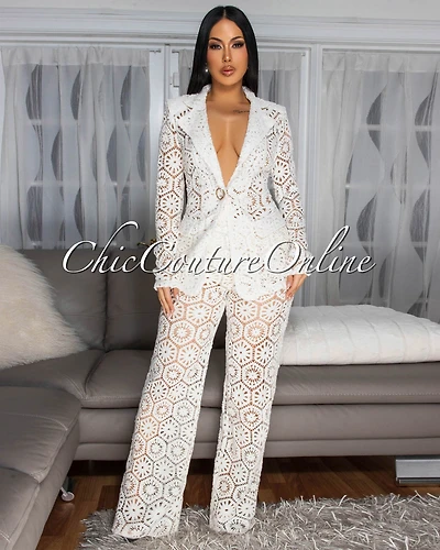 Kanis Cream Crochet Blazer Pants Suit