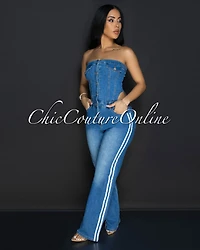 Gemine Denim White Stripes Strapless Jumpsuit
