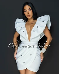 Rafalle Off-White Rhinestones Accents Mini Ponti Dress