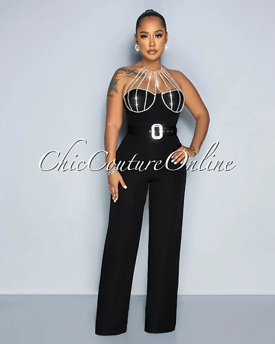 *Paula Black Rhinestones Neckline Silver Buckle Belt Jumpsuit