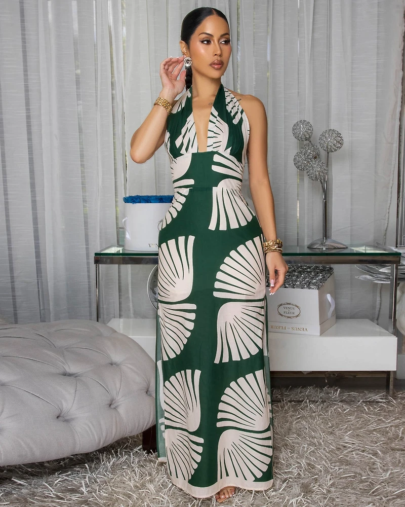 Darissa Forrest Green Nude Halter Maxi Dress